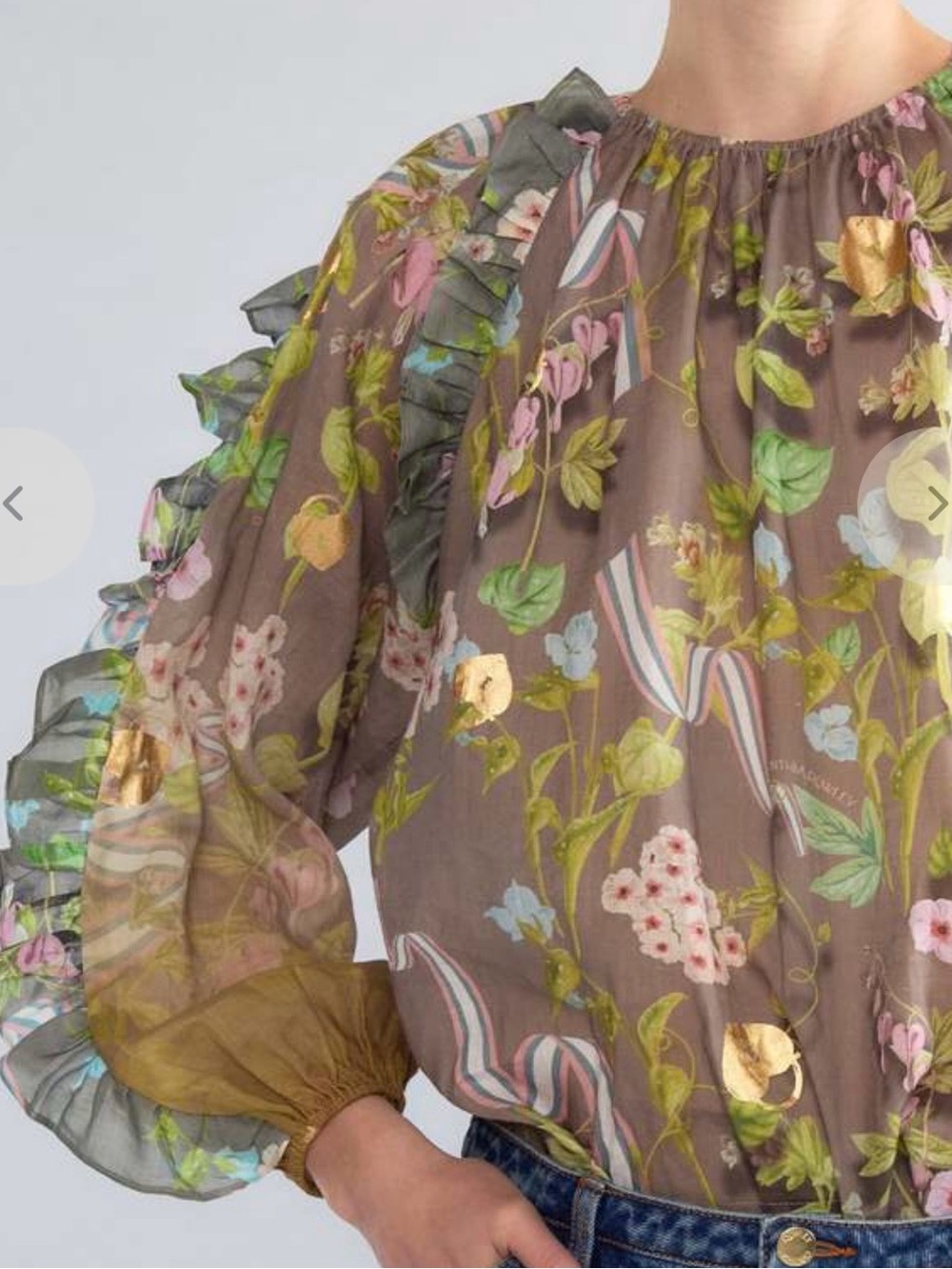 NWOT Cynthia Rowley Designer Dawn Blouse Large Floral Ruffle Gold Foil ~$345 - Picture 5 of 15